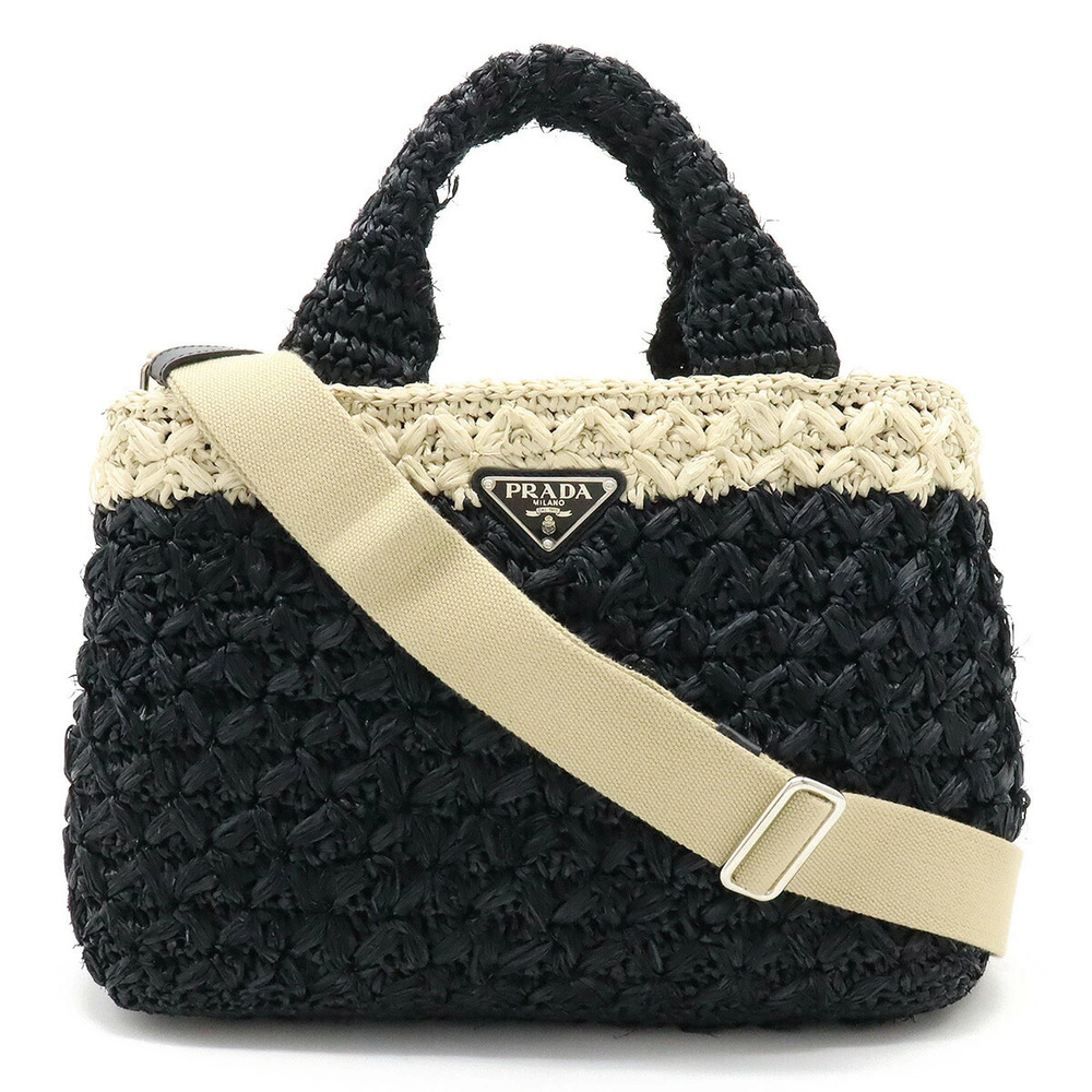 Prada RAFIA BICOLORE Tote Bag Handbag Basket NERO Black TALCO Beige Cream